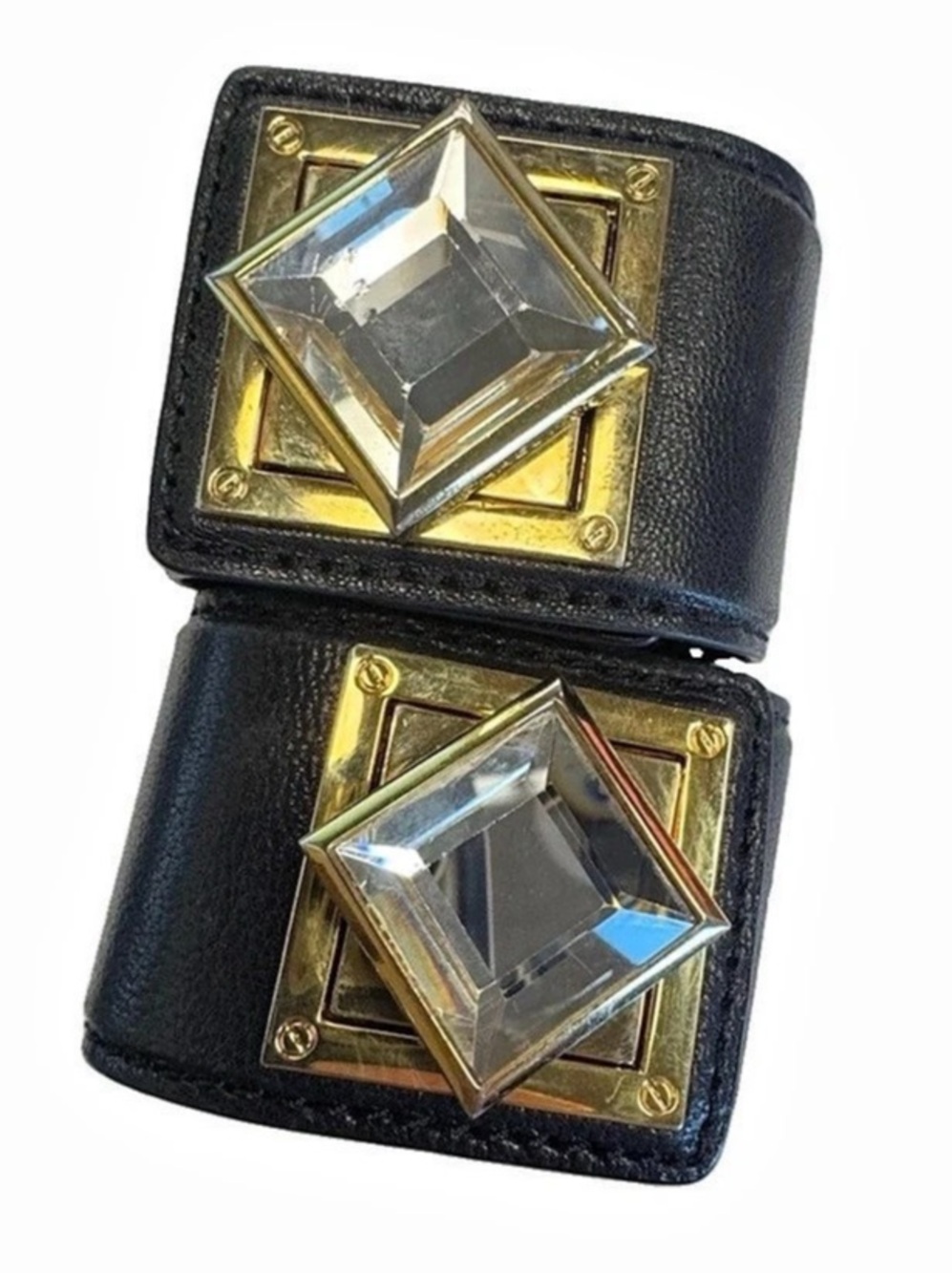 Michael Kors Black Leather Crystal Pyramid Cuff Bracelet Gold Tone Statement 2